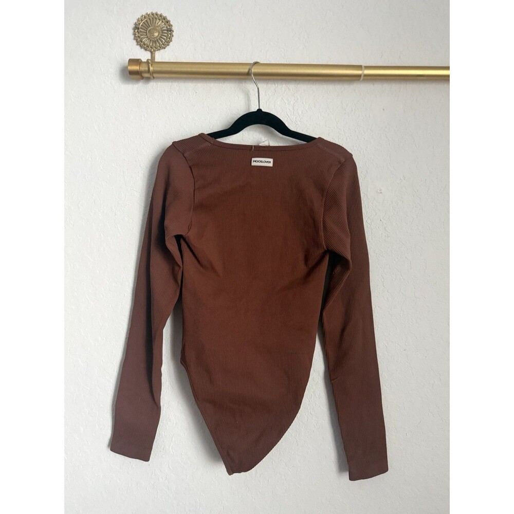 MOOSLOVER Women's Brown Ribbed Long Sleeve Bodysuit Stretch Opaque S - Picture 3 of 3